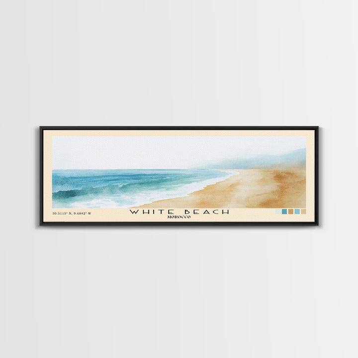 White Beach, Morocco Watercolor Beach Print, Vacation Gift, Morocco Wall Art, Framed Canvas Print, Framed Beach Painting