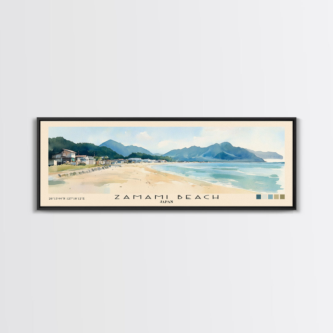 Zamami Beach, Japan Watercolor Beach Print, Vacation Gift, Japan Wall Art, Framed Canvas Print, Framed Beach Painting