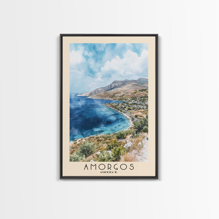 Amorgos, Greece Watercolor Print, Vacation Gift, Greece Wall Art, Beach Painting, Beach Decor, Large Wall Art, Wood Frame Art