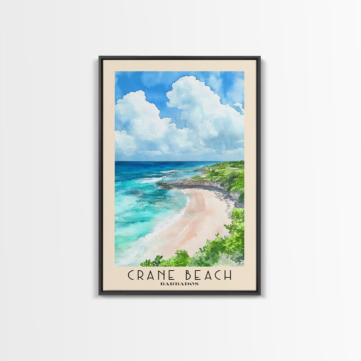 Crane Beach, Barbados Watercolor Beach Print, Vacation Gift, Barbados Wall Art, Framed Canvas Print, Framed Beach Painting