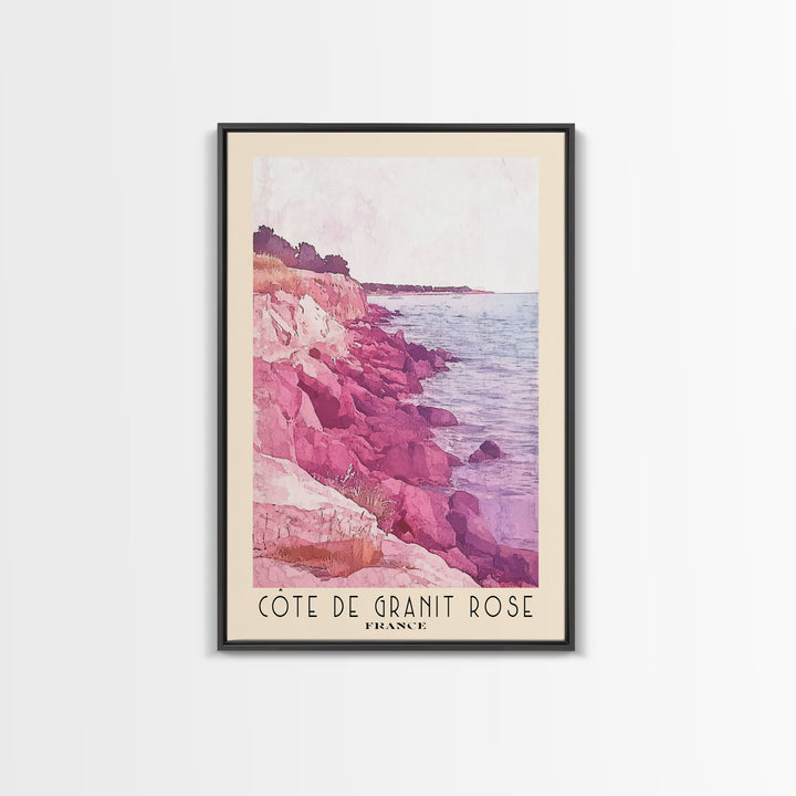 Côte de Granit Rose, France Watercolor Beach Print, Vacation Gift, France Wall Art, Framed Canvas Print, Framed Beach Painting