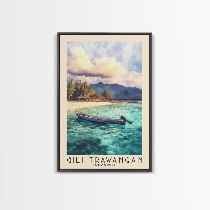 Gili Trawangan, Indonesia Watercolor Beach Print, Vacation Gift, Indonesia Wall Art, Framed Canvas Print, Framed Beach Painting