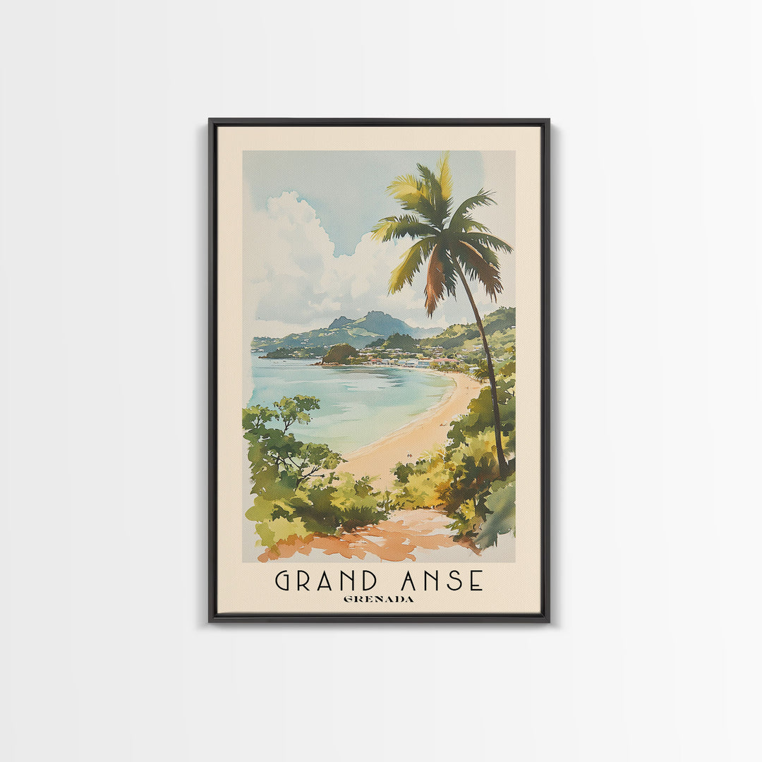 Grand Anse, Grenada Watercolor Beach Print, Vacation Gift, Grenada Wall Art, Framed Canvas Print, Framed Beach Painting