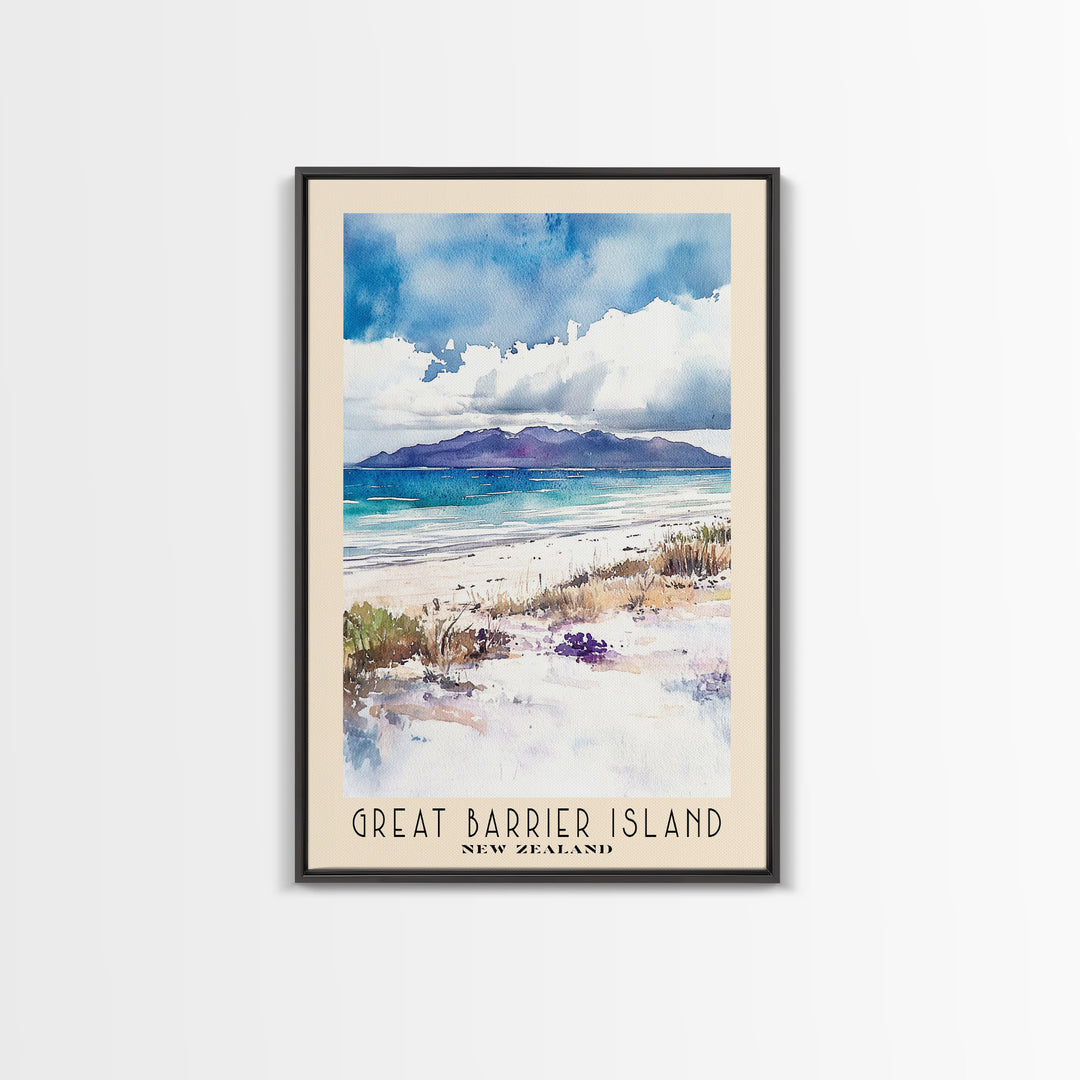 Great Barrier Island, New Zealand Watercolor Beach Print, Vacation Gift, New Zealand Wall Art, Framed Canvas Print, Framed Beach Painting