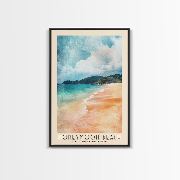 Honeymoon Beach, US Virgin islands Watercolor Beach Print, Vacation Gift, US Virgin islands Wall Art, Framed Canvas Print, Framed Beach Painting