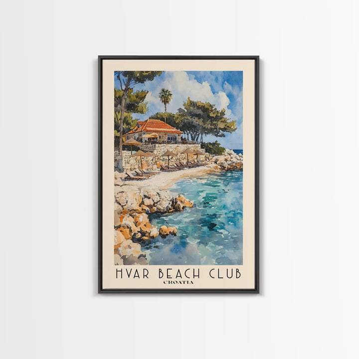 Hvar Beach Club, Croatia Watercolor Print, Vacation Gift, Croatia Wall Art, Beach Painting, Beach Decor, Large Wall Art, Wood Frame Art