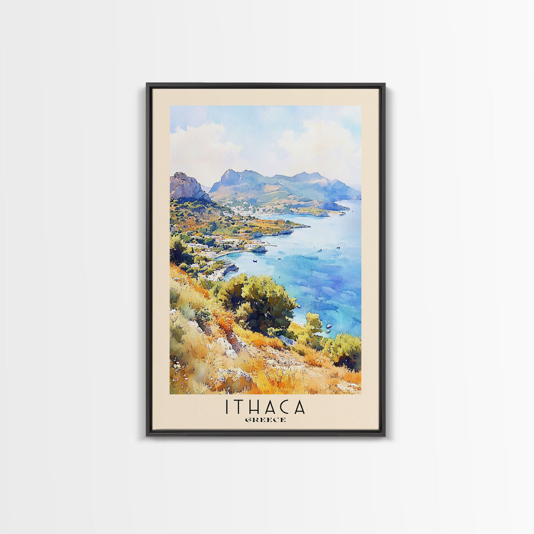 Ithaca, Greece Watercolor Print, Vacation Gift, Greece Wall Art, Beach Painting, Beach Decor, Large Wall Art, Wood Frame Art