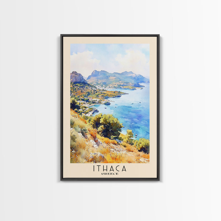 Ithaca, Greece Watercolor Print, Vacation Gift, Greece Wall Art, Beach Painting, Beach Decor, Large Wall Art, Wood Frame Art