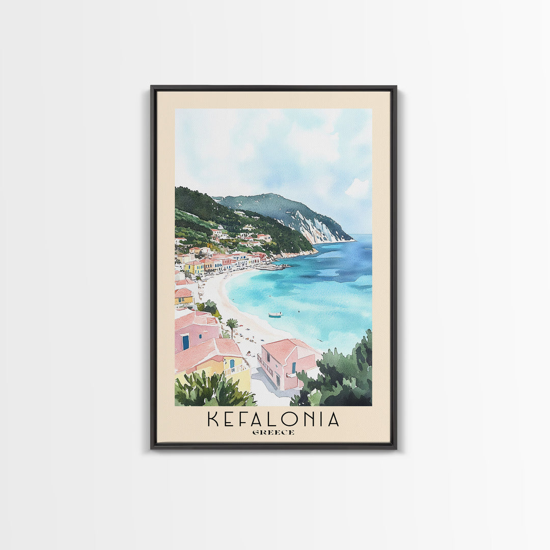 Kefalonia, Greece Watercolor Beach Print, Vacation Gift, Greece Wall Art, Framed Canvas Print, Framed Beach Painting