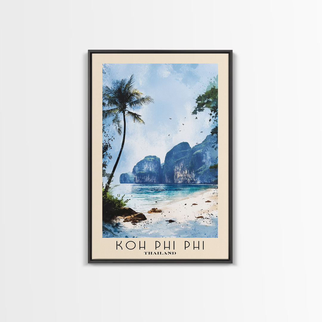 Koh Phi Phi, Thailand Watercolor Print, Vacation Gift, Thailand Wall Art, Beach Painting, Beach Decor, Large Wall Art, Wood Frame Art