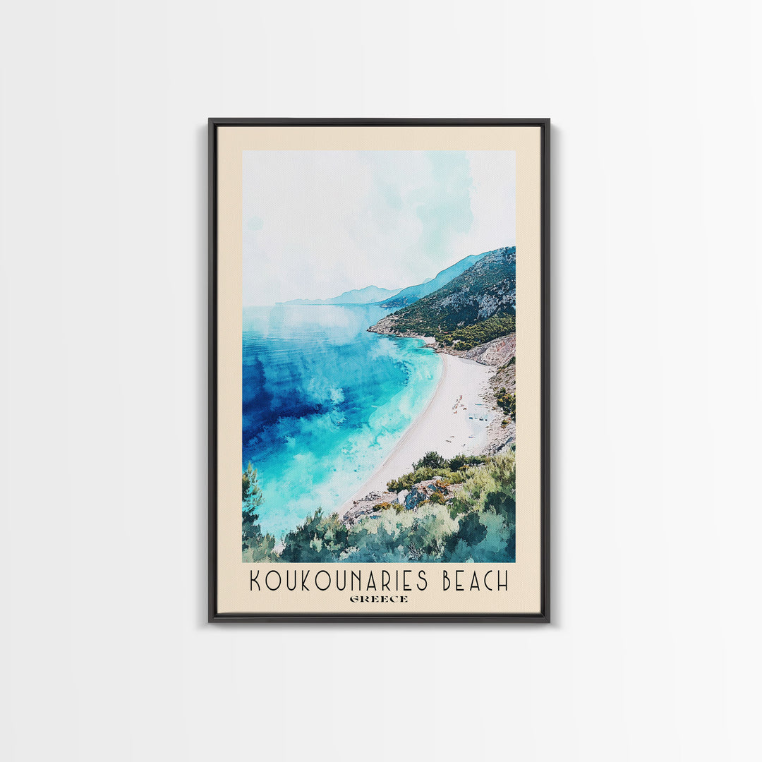 Koukounaries Beach, Greece Watercolor Beach Print, Vacation Gift, Greece Wall Art, Framed Canvas Print, Framed Beach Painting