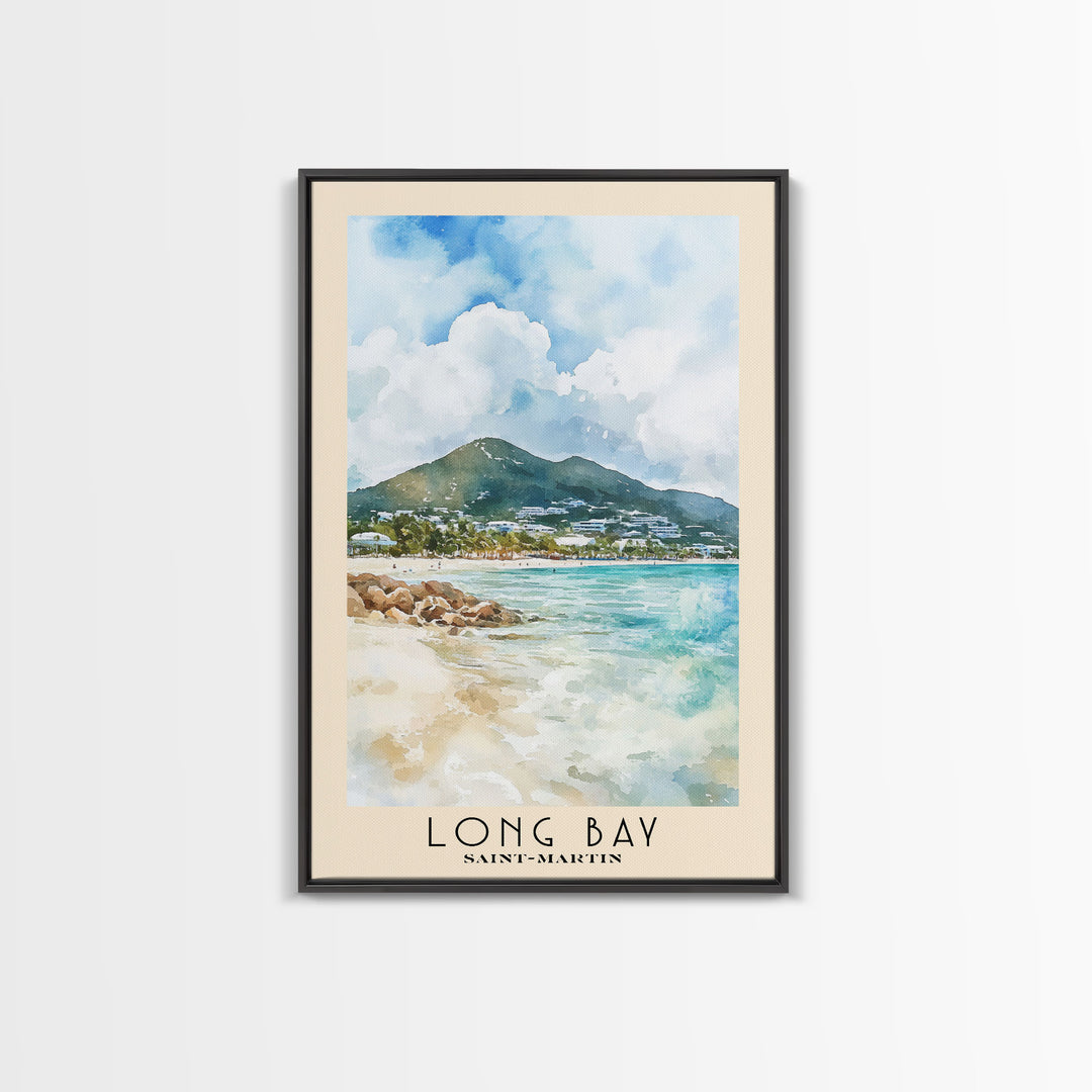 Long Bay, Saint-Martin Watercolor Print, Vacation Gift, Saint-Martin Wall Art, Beach Painting, Beach Decor, Large Wall Art, Wood Frame Art