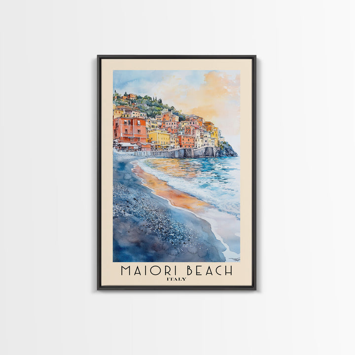 Maiori Beach, Italy Watercolor Print, Vacation Gift, Italy Wall Art, Beach Painting, Beach Decor, Large Wall Art, Wood Frame Art