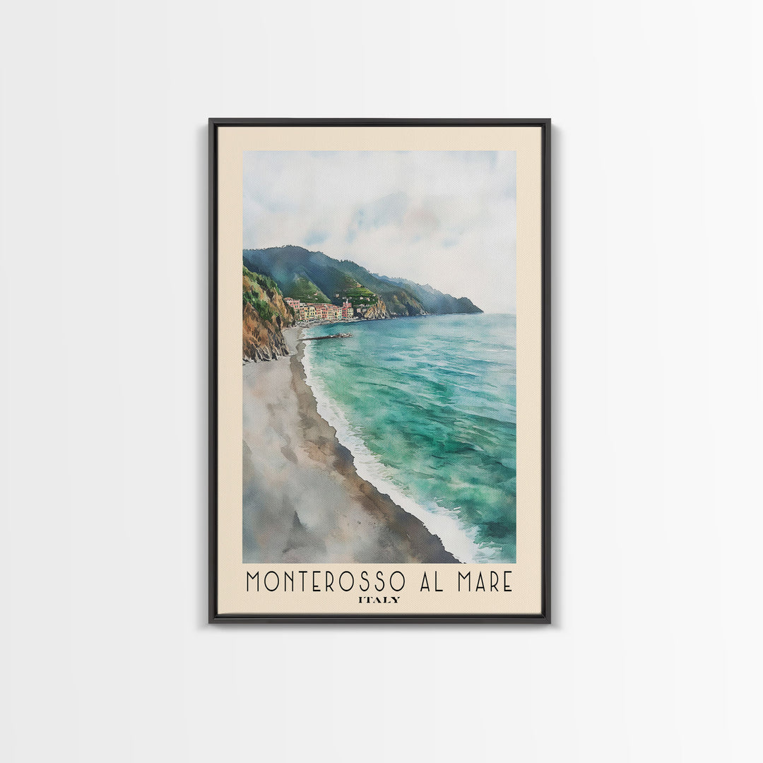 Monterosso al Mare, Italy Watercolor Print, Vacation Gift, Italy Wall Art, Beach Painting, Beach Decor, Large Wall Art, Wood Frame Art