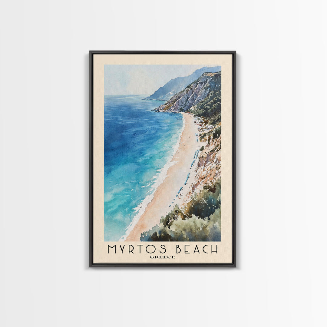 Myrtos Beach, Greece Watercolor Print, Vacation Gift, Greece Wall Art, Beach Painting, Beach Decor, Large Wall Art, Wood Frame Art