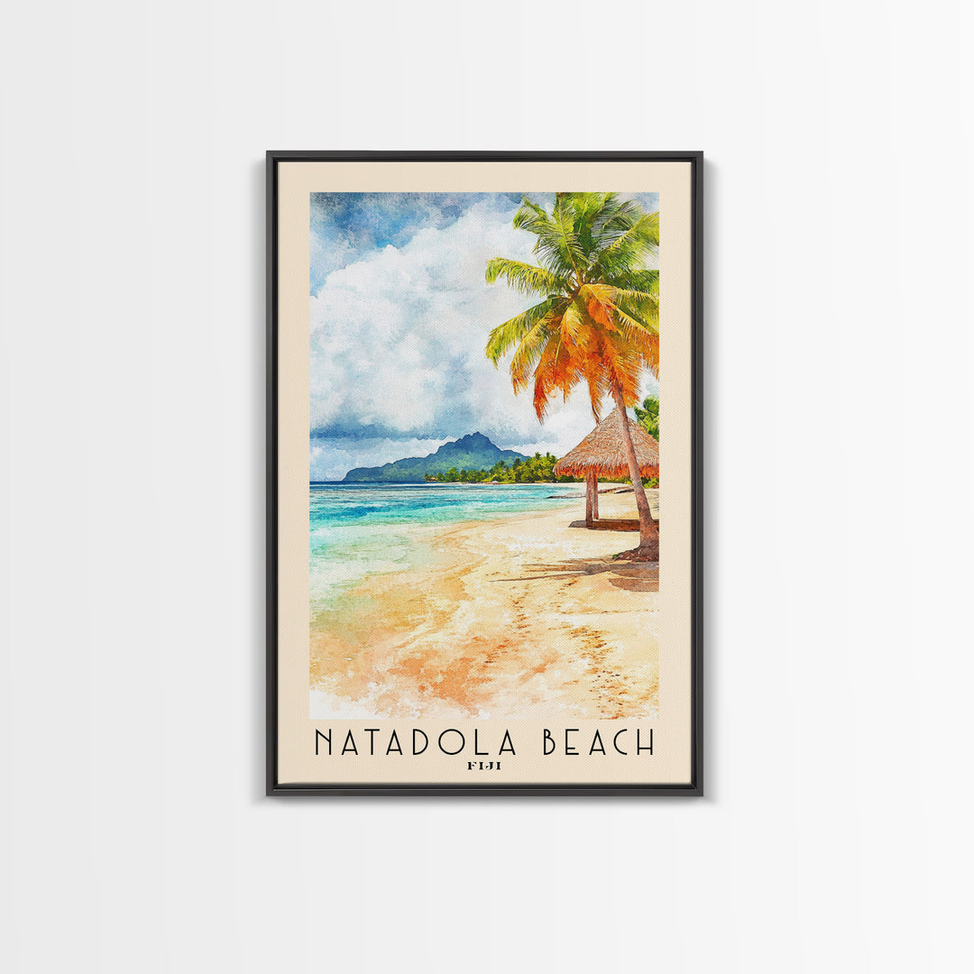 Natadola Beach, Fiji Watercolor Beach Print, Vacation Gift, Fiji Wall Art, Framed Canvas Print, Framed Beach Painting