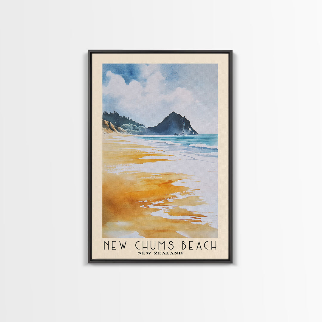 New Chums Beach, New Zealand Watercolor Print, Vacation Gift, New Zealand Wall Art, Beach Painting, Beach Decor, Large Wall Art, Wood Frame Art