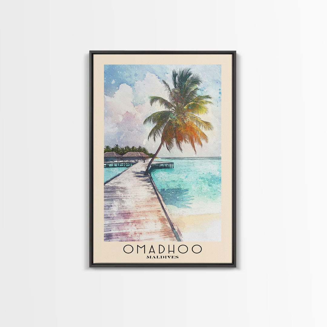 Omadhoo, Maldives Watercolor Print, Vacation Gift, Maldives Wall Art, Beach Painting, Beach Decor, Large Wall Art, Wood Frame Art