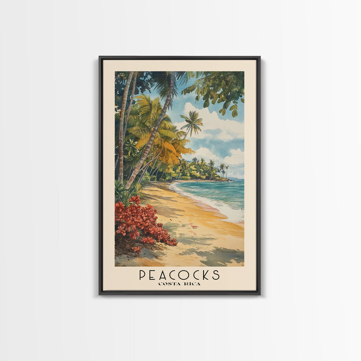 Peacocks, Costa Rica Watercolor Beach Print, Vacation Gift, Costa Rica Wall Art, Framed Canvas Print, Framed Beach Painting