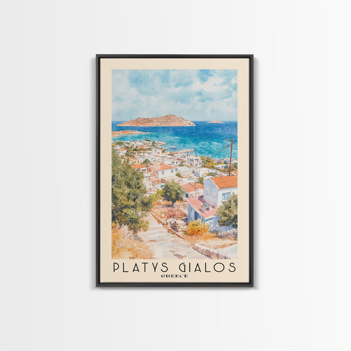 Platys Gialos, Greece Watercolor Beach Print, Vacation Gift, Greece Wall Art, Framed Canvas Print, Framed Beach Painting