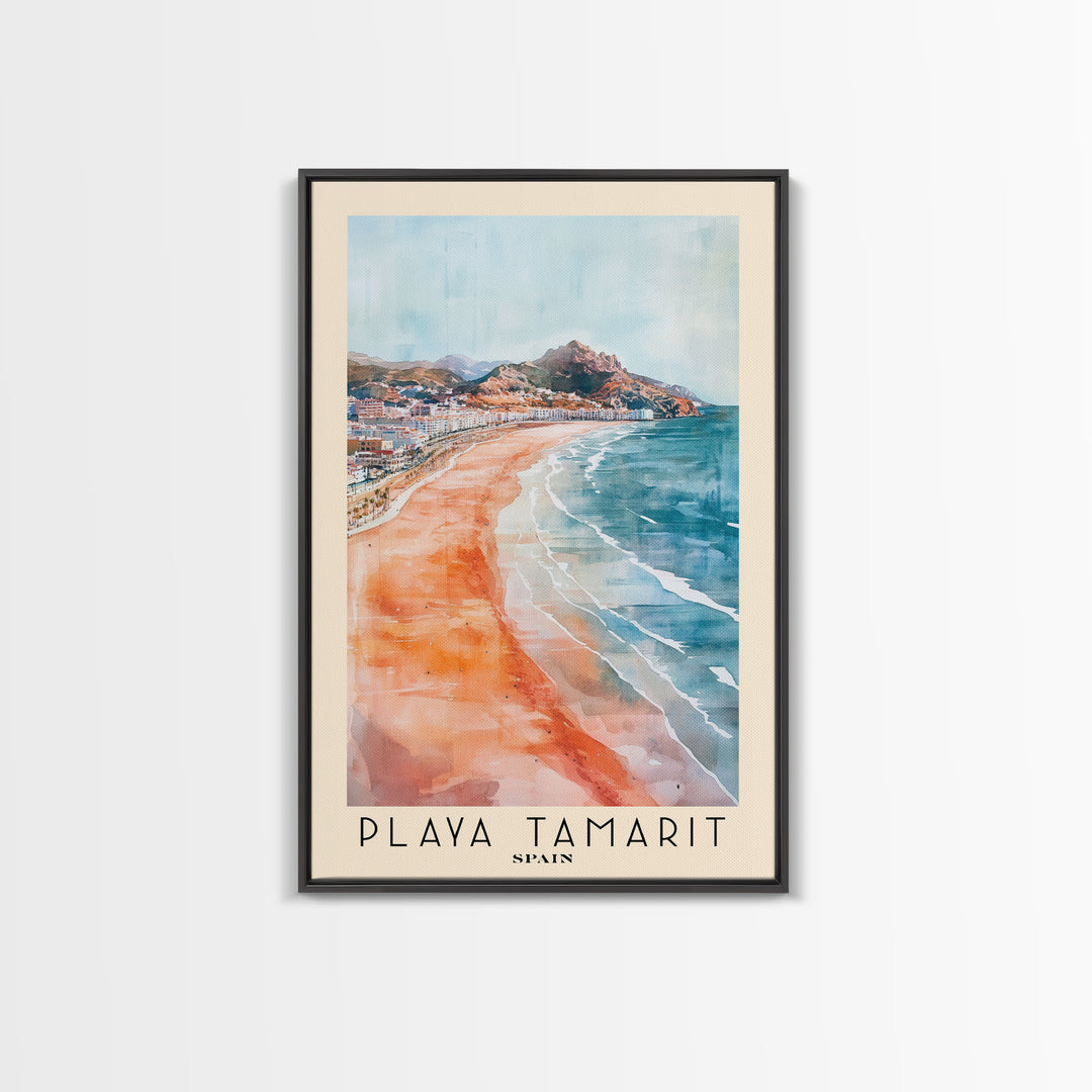 Playa Tamarit, Spain Watercolor Print, Vacation Gift, Spain Wall Art, Beach Painting, Beach Decor, Large Wall Art, Wood Frame Art