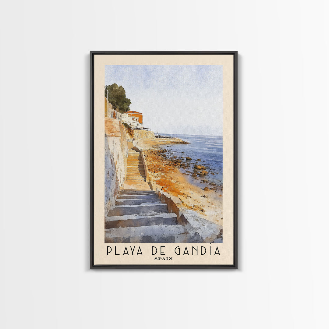 Playa de Gandía, Spain Watercolor Beach Print, Vacation Gift, Spain Wall Art, Framed Canvas Print, Framed Beach Painting