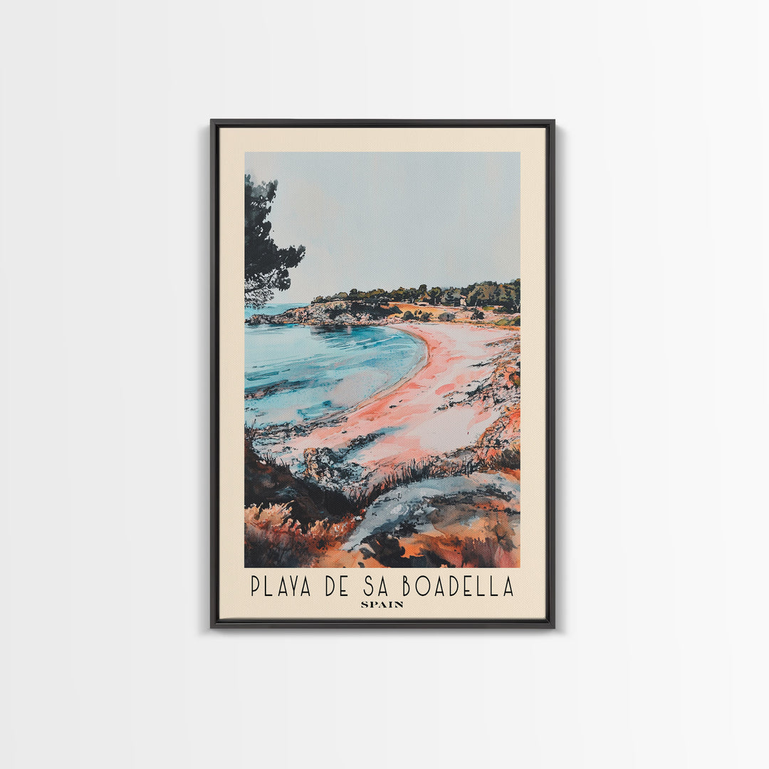 Playa de Sa Boadella, Spain Watercolor Print, Vacation Gift, Spain Wall Art, Beach Painting, Beach Decor, Large Wall Art, Wood Frame Art