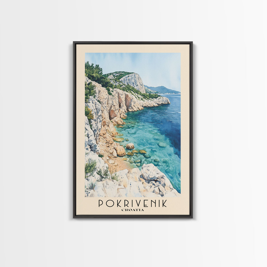 Pokrivenik, Croatia Watercolor Print, Vacation Gift, Croatia Wall Art, Beach Painting, Beach Decor, Large Wall Art, Wood Frame Art