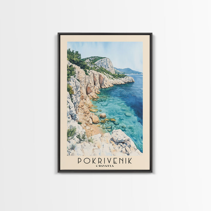 Pokrivenik, Croatia Watercolor Print, Vacation Gift, Croatia Wall Art, Beach Painting, Beach Decor, Large Wall Art, Wood Frame Art