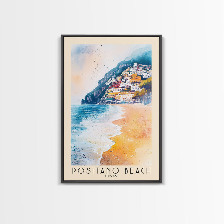 Positano Beach, Italy Watercolor Print, Vacation Gift, Italy Wall Art, Beach Painting, Beach Decor, Large Wall Art, Wood Frame Art