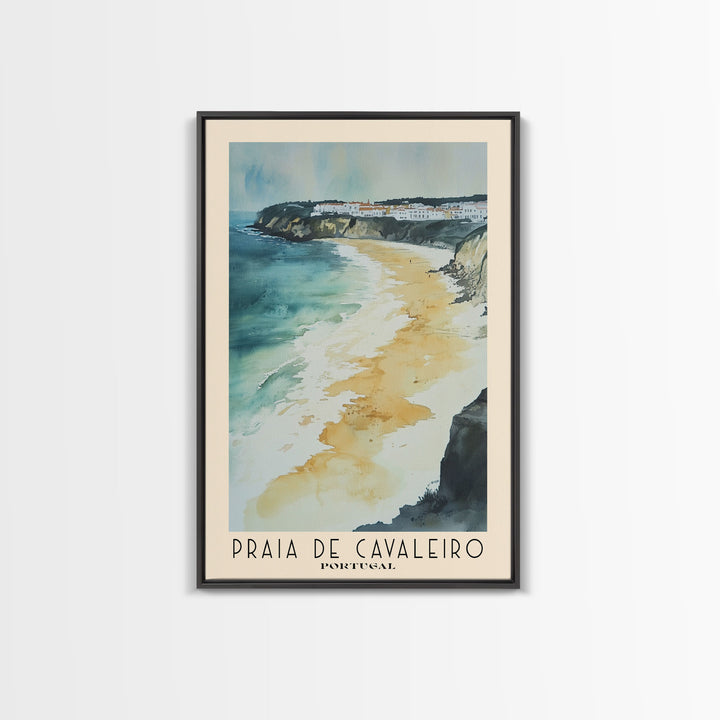 Praia de Cavaleiro, Portugal Watercolor Beach Print, Vacation Gift, Portugal Wall Art, Framed Canvas Print, Framed Beach Painting