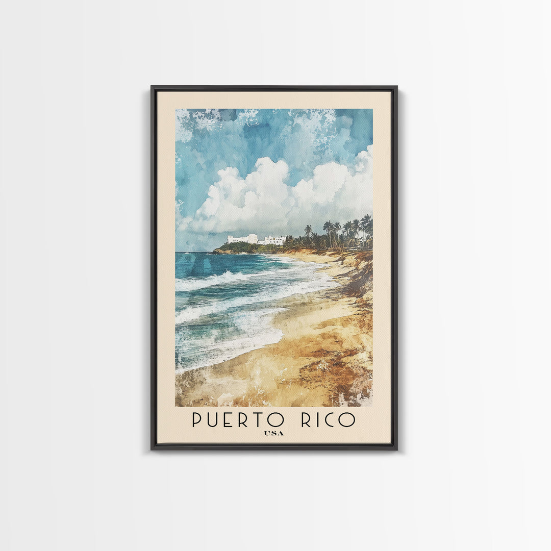 Puerto Rico, USA Watercolor Print, Vacation Gift, USA Wall Art, Beach Painting, Beach Decor, Large Wall Art, Wood Frame Art