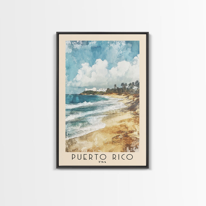 Puerto Rico, USA Watercolor Print, Vacation Gift, USA Wall Art, Beach Painting, Beach Decor, Large Wall Art, Wood Frame Art