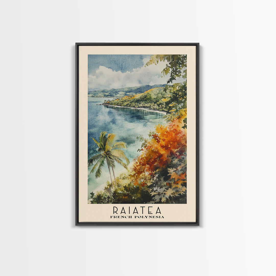 Raiatea, French Polynesia Watercolor Beach Print, Vacation Gift, French Polynesia Wall Art, Framed Canvas Print, Framed Beach Painting