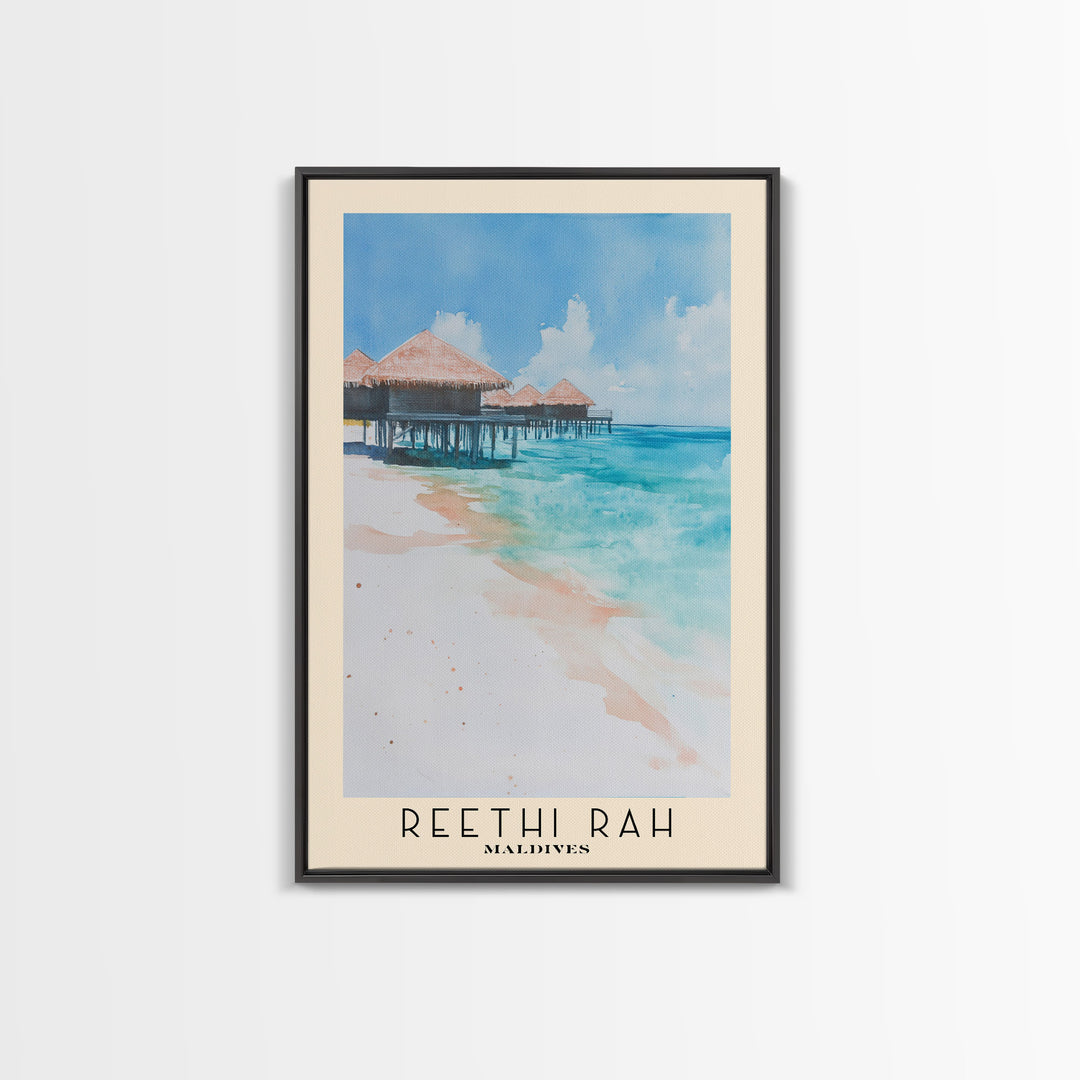 Reethi Rah, Maldives Watercolor Beach Print, Vacation Gift, Maldives Wall Art, Framed Canvas Print, Framed Beach Painting