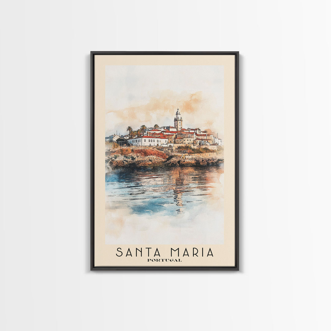 Santa Maria, Portugal Watercolor Beach Print, Vacation Gift, Portugal Wall Art, Framed Canvas Print, Framed Beach Painting