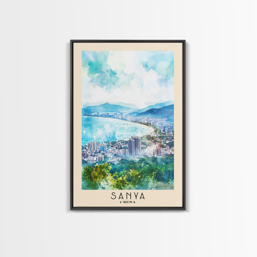 Sanya, China Watercolor Print, Vacation Gift, China Wall Art, Beach Painting, Beach Decor, Large Wall Art, Wood Frame Art