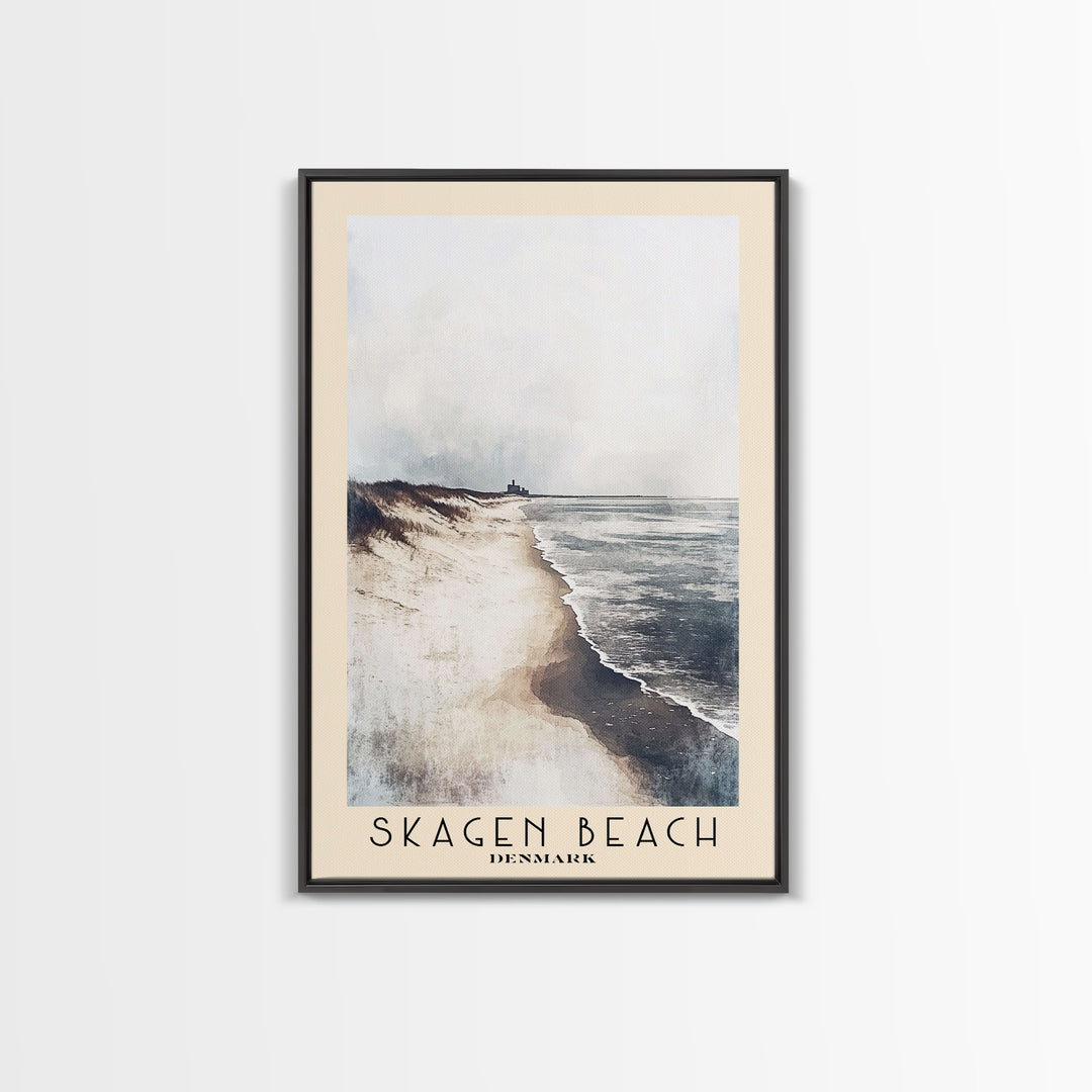 Skagen Beach, Denmark Watercolor Beach Print, Vacation Gift, Denmark Wall Art, Framed Canvas Print, Framed Beach Painting