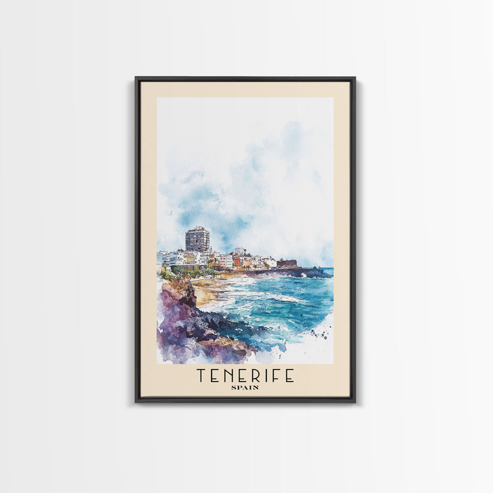 Tenerife, Spain Watercolor Beach Print, Vacation Gift, Spain Wall Art, Framed Canvas Print, Framed Beach Painting