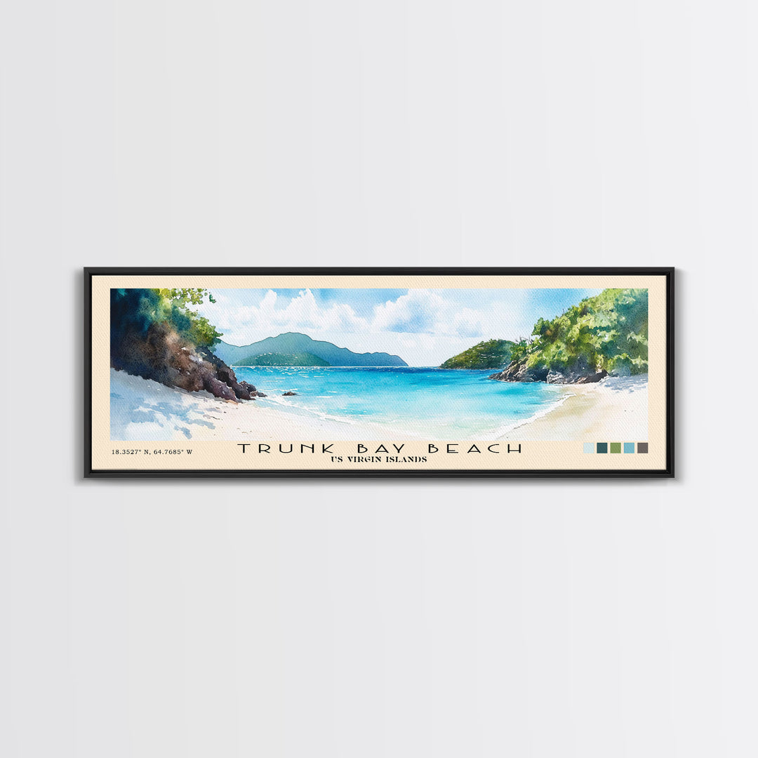 Trunk Bay Beach, US Virgin islands Watercolor Beach Print, Vacation Gift, US Virgin islands Wall Art, Framed Canvas Print, Framed Beach Painting