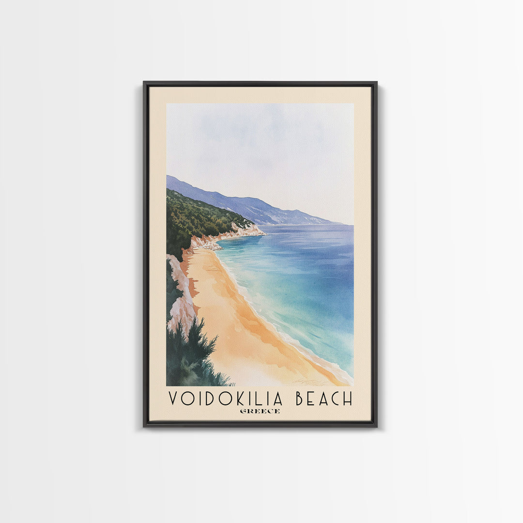 Voidokilia Beach, Greece Watercolor Beach Print, Vacation Gift, Greece Wall Art, Framed Canvas Print, Framed Beach Painting