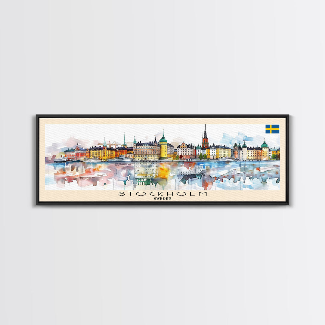 Stockholm Sweden Travel Art, City Art, Framed Canvas Print or Metal Wall Art, Europe Travel Poster, Panoramic Wall Art, Extra Wide Wall Art