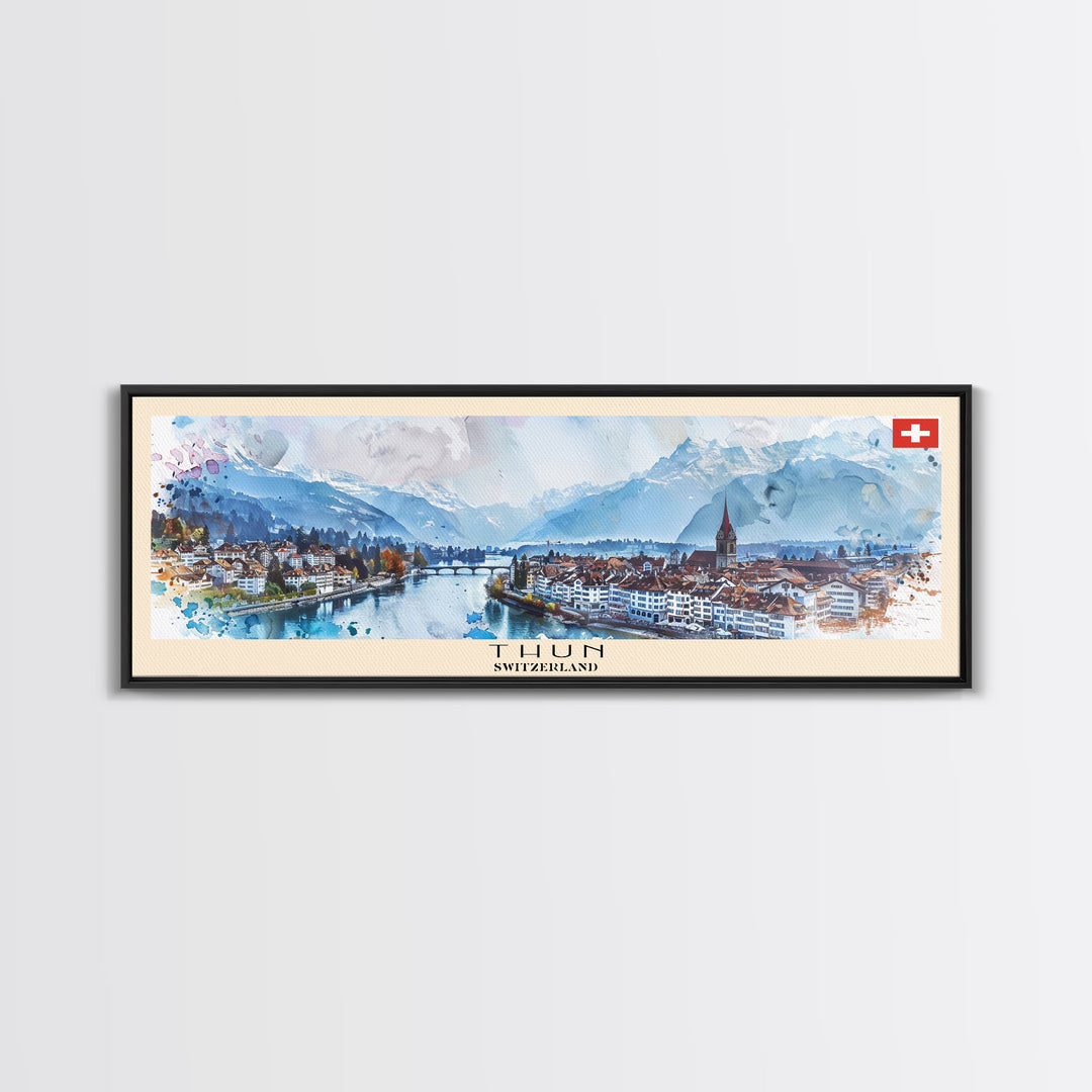 Thun Switzerland Panoramic Travel Poster, Framed Canvas Print or Metal Wall Art, Travel Art, Home Decor, Panoramic Painting, Midcentury Art