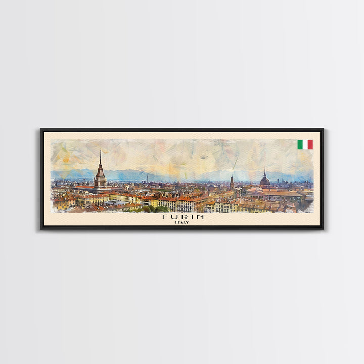 Turin Italy Panoramic Travel Poster, Framed Canvas Print or Metal Wall Art, Travel Art, Home Decor, Panoramic Painting, Midcentury Art