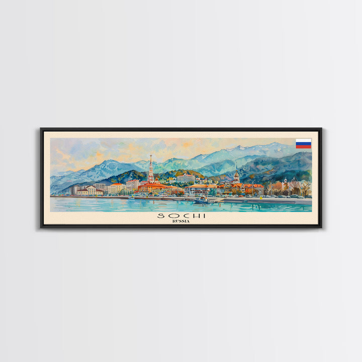 Sochi Russia Panoramic Travel Poster, Framed Canvas Print or Metal Wall Art, Travel Art, Home Decor, Panoramic Painting, Midcentury Art