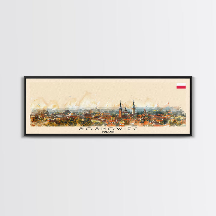 Sosnowiec Poland Panoramic Travel Poster, Framed Canvas Print or Metal Wall Art, Travel Art, Home Decor, Panoramic Painting, Midcentury Art