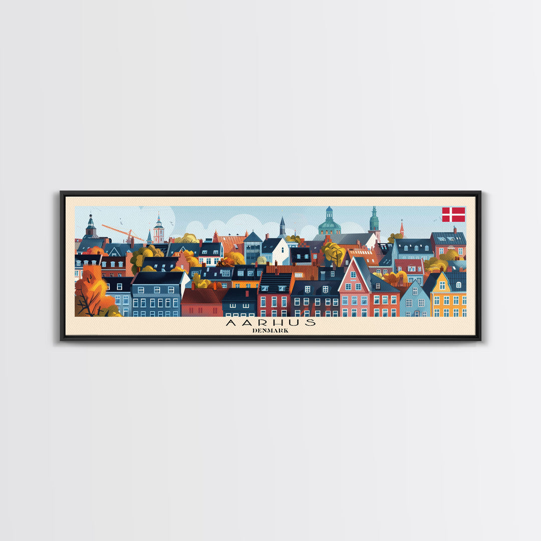 Aarhus Denmark  Panoramic Travel Poster, Framed Canvas Print or Metal Wall Art, Travel Art, Home Decor, Panoramic Painting, Midcentury Art