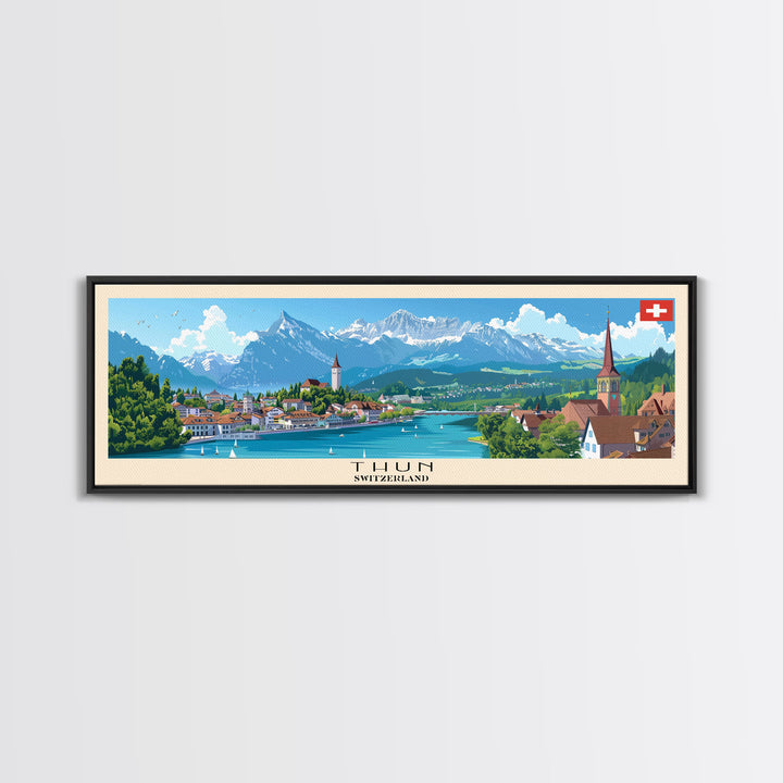 Thun Switzerland Panoramic Travel Poster, Framed Canvas Print or Metal Wall Art, Travel Art, Home Decor, Panoramic Painting, Midcentury Art