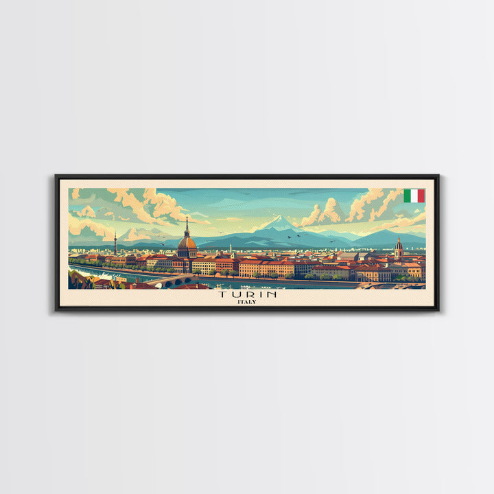 Turin Italy Panoramic Travel Poster, Framed Canvas Print or Metal Wall Art, Travel Art, Home Decor, Panoramic Painting, Midcentury Art