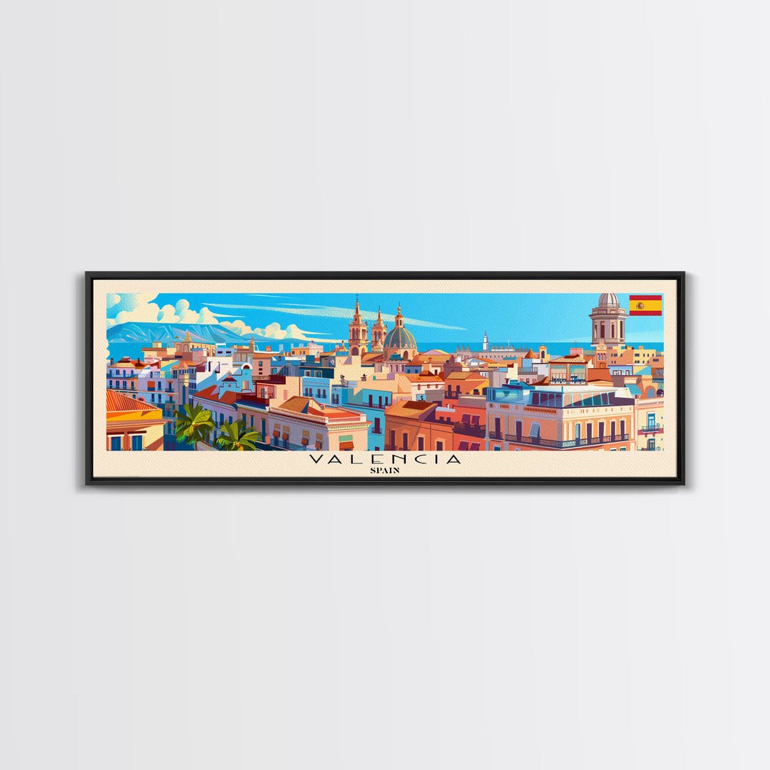 Valencia Spain Travel Art, City Art, Framed Canvas Print or Metal Wall Art, Europe Travel Poster, Panoramic Wall Art, Extra Wide Wall Art